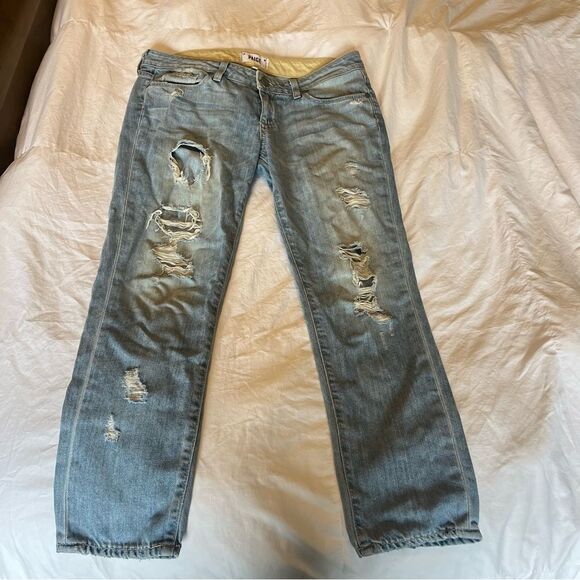 PAIGE Jimmy Jimmy Crop Light Blue Distressed Straight Leg Jeans - Picture 4 of 5